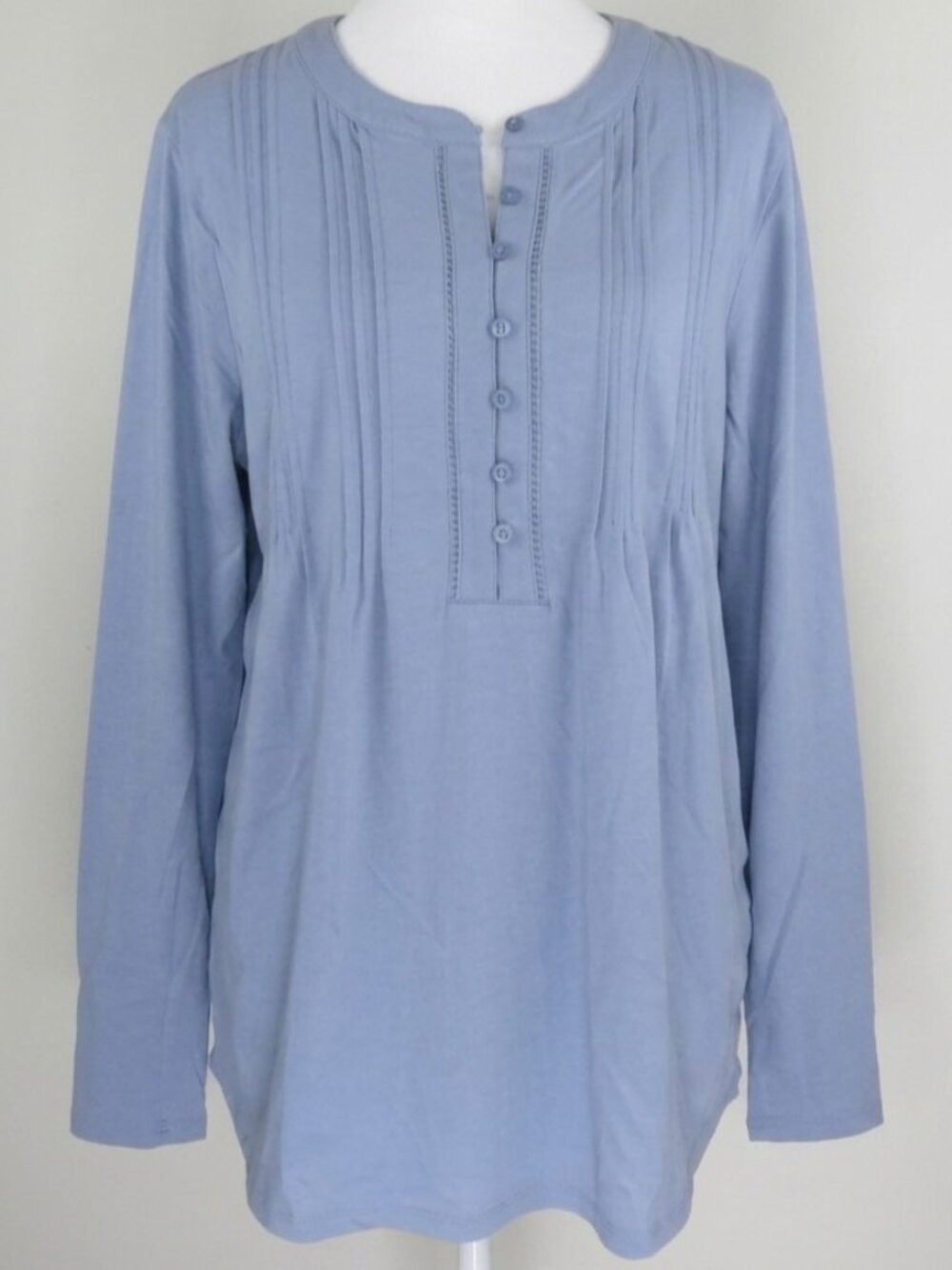Lands' End Women's Blue Long-Sleeve Pullover Pintuck Tunic Blouse Size L (C2145)